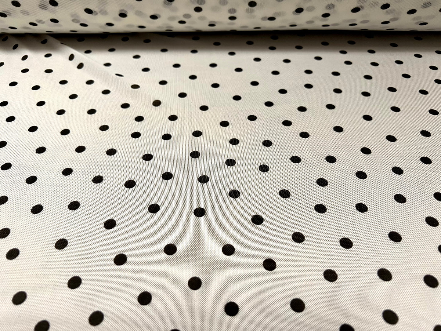 Power mesh net sheer stretch spandex fabric, per metre - spotted print - white & black