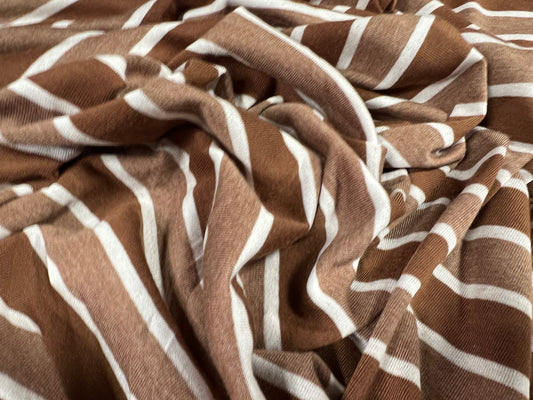 Viscose blend single jersey fabric, per metre - stripe - ochre brown & white