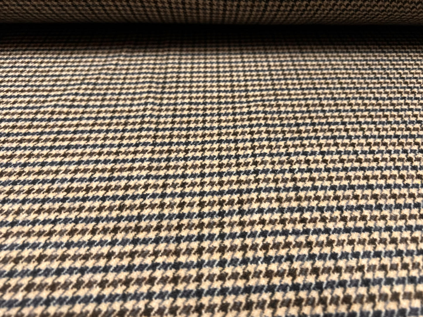 Wool mouflon coat jacket fabric, per metre - dogtooth check - stone & blue