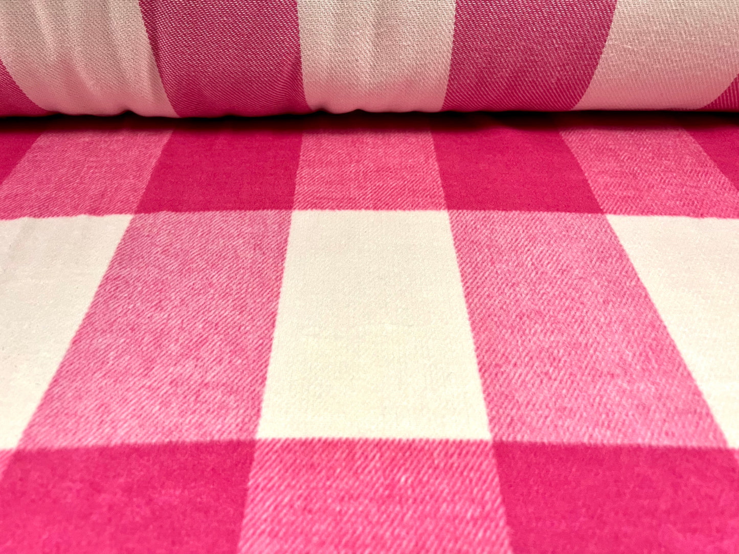 Wool mouflon coat jacket fabric, per metre - buffalo check - pink & white