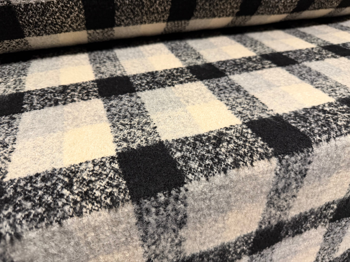 Wool bouclé fabric, per metre - buffalo check - black & cream
