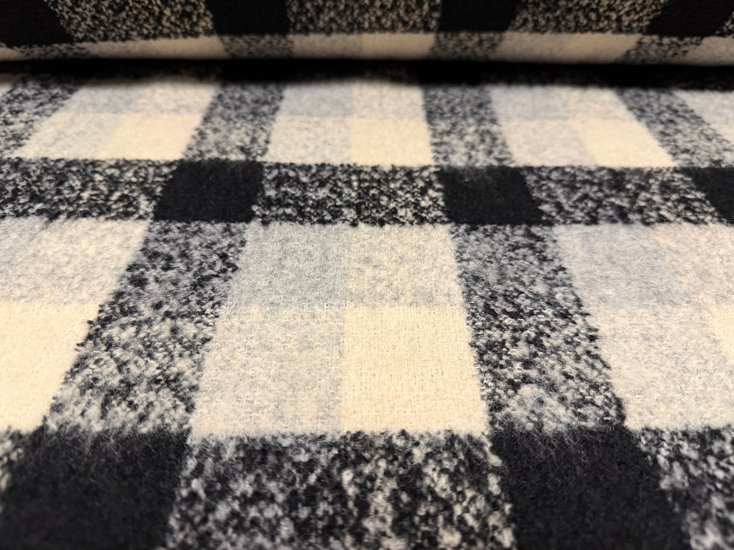 Wool bouclé fabric, per metre - buffalo check - black & cream