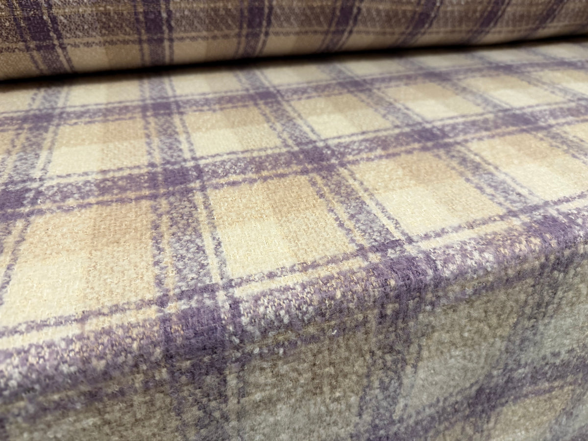Heavyweight wool bouclé fabric, per metre - check - beige & lavender