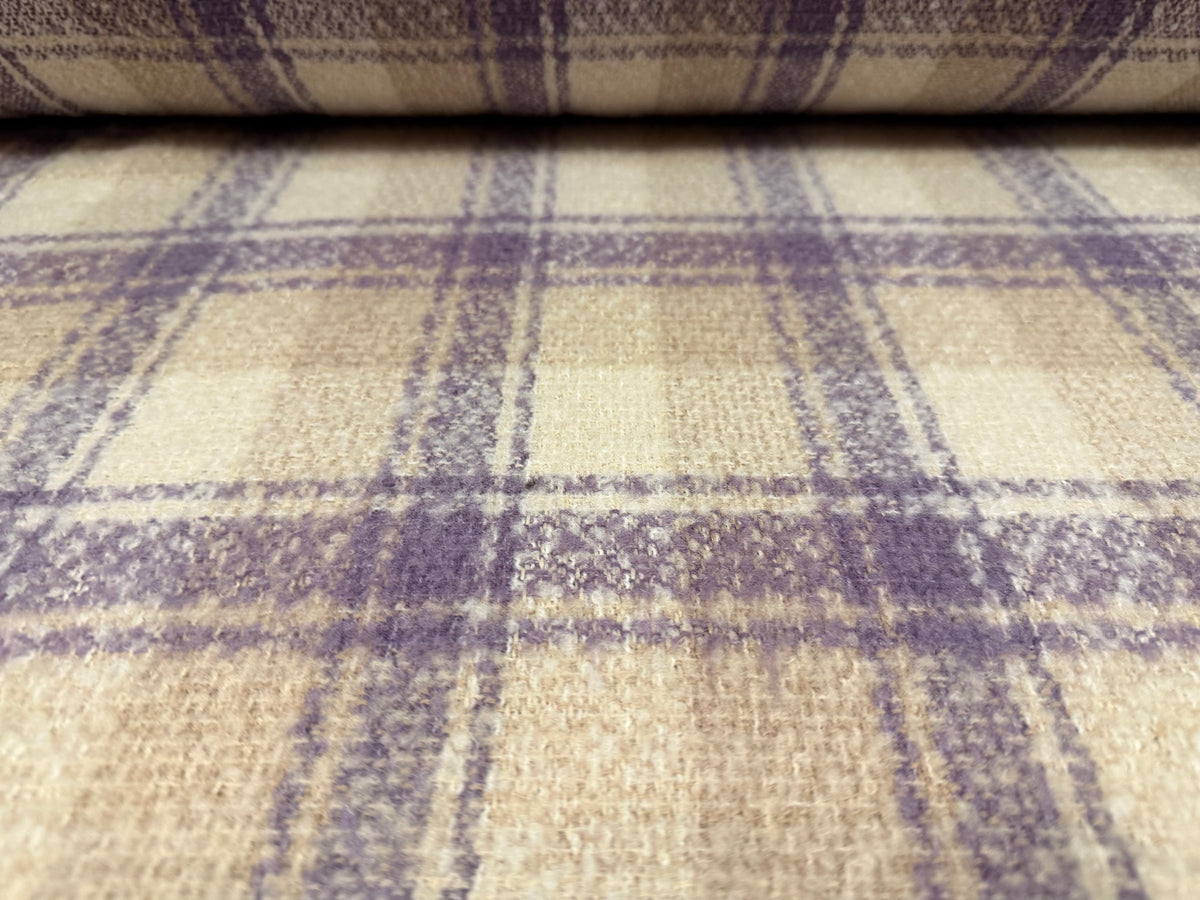 Heavyweight wool bouclé fabric, per metre - check - beige & lavender