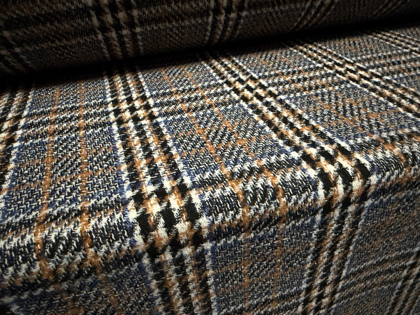 Wool flannel fabric, per metre - tartan check - denim blue & brown