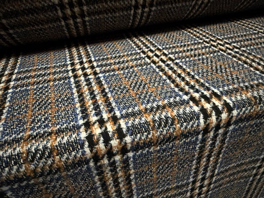 Wool flannel fabric, per metre - tartan check - denim blue & brown