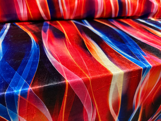 Short pile velour fabric, per metre - wave print - red orange & blue