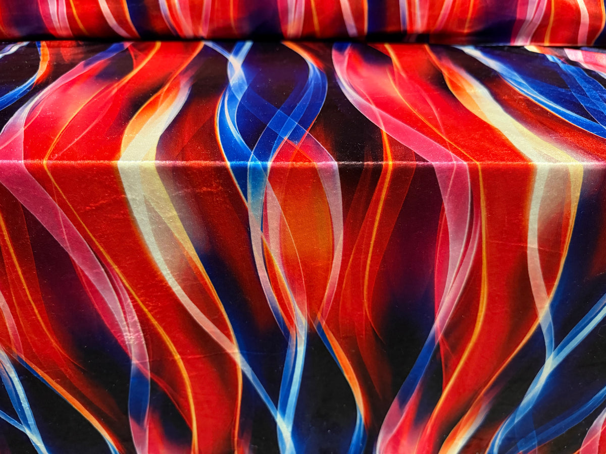 Short pile velour fabric, per metre - wave print - red orange & blue