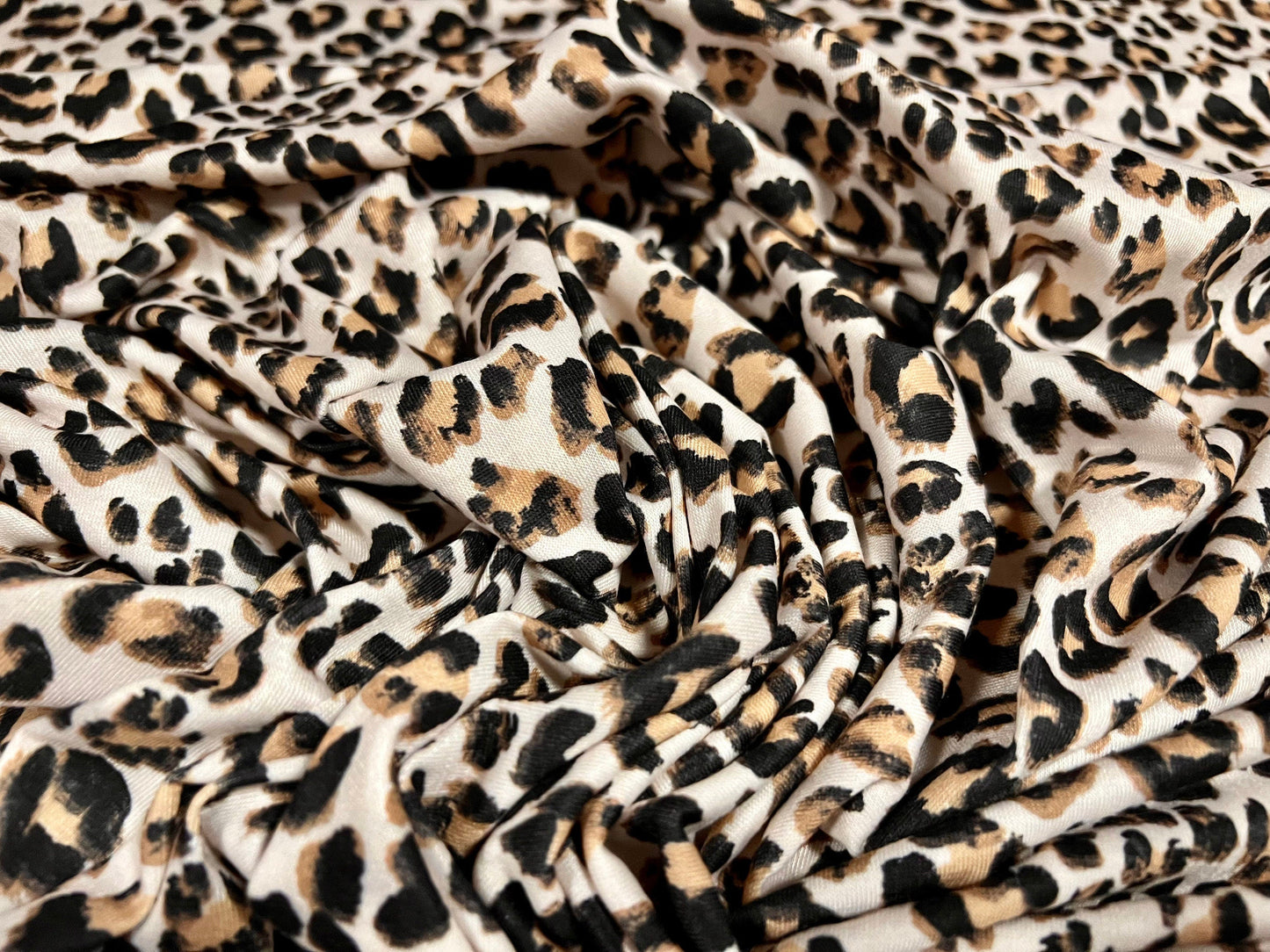 Viscose spandex stretch single jersey fabric, per metre - Leopardskin print - cream beige & black