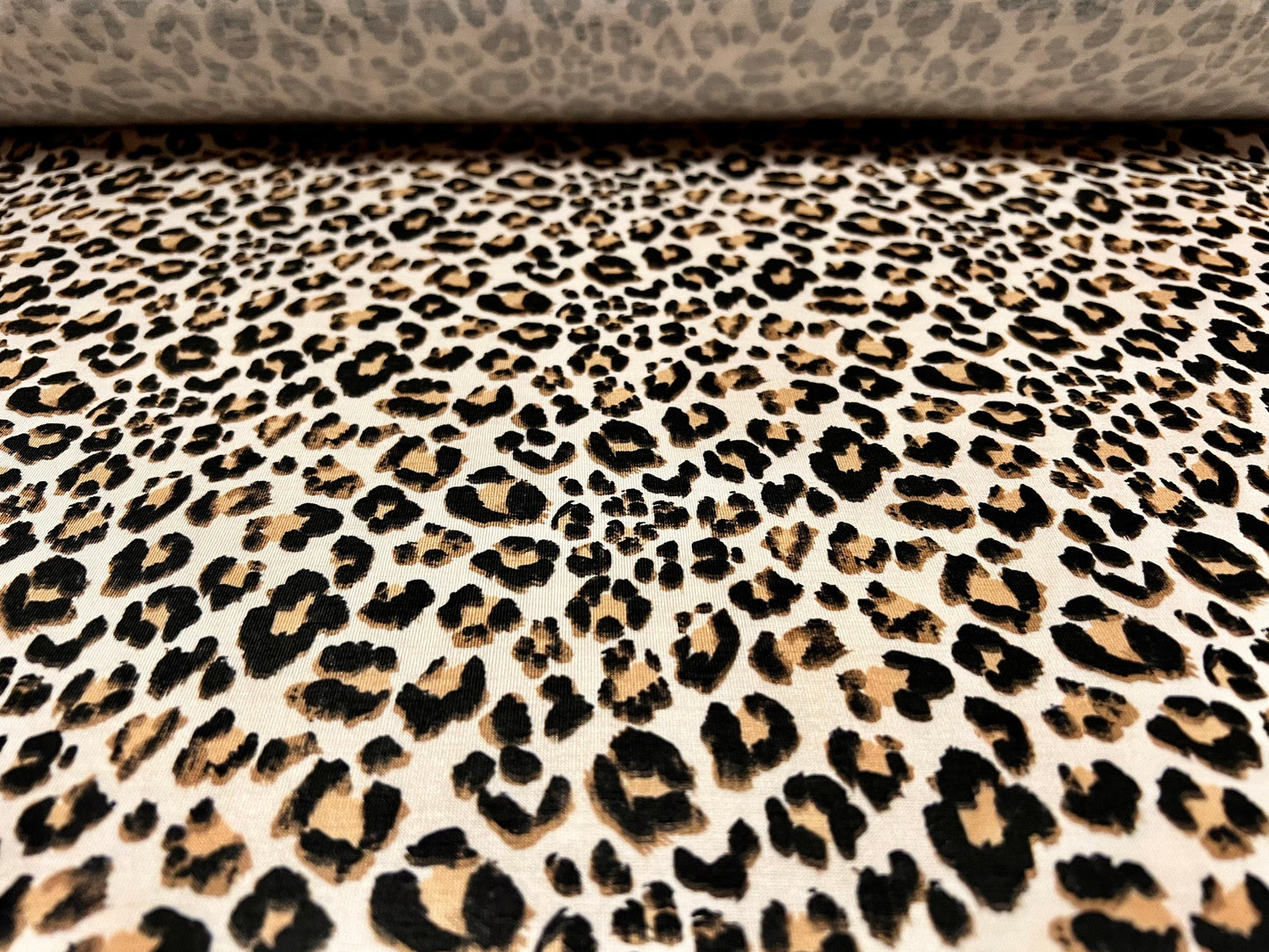 Viscose spandex stretch single jersey fabric, per metre - Leopardskin print - cream beige & black