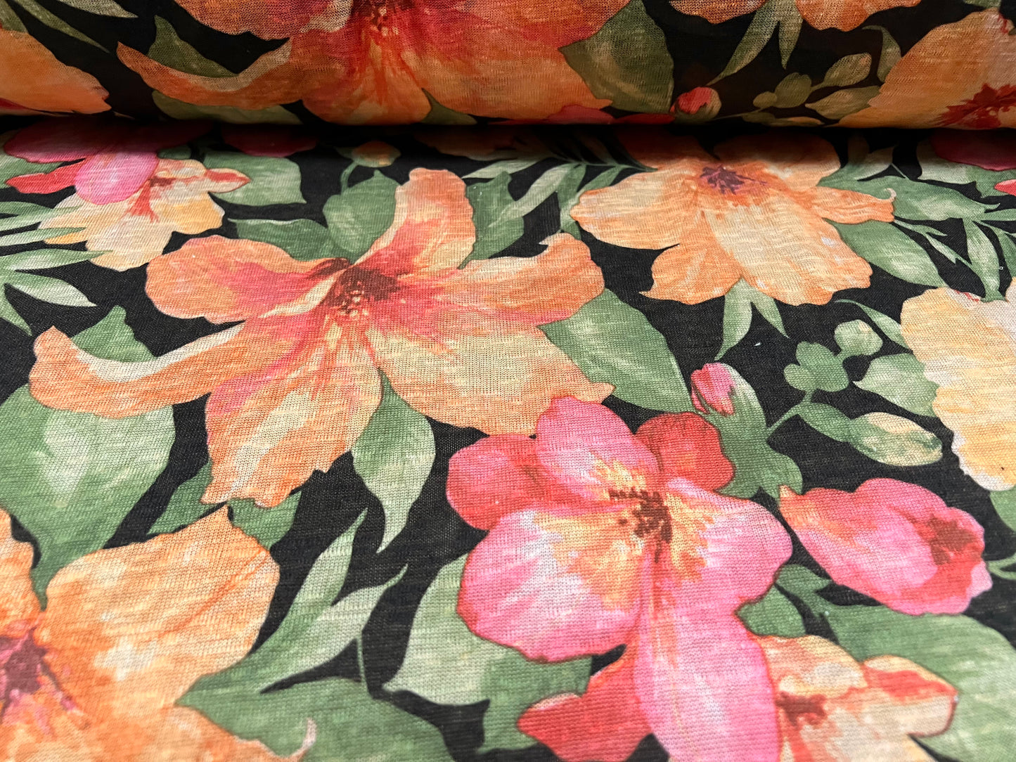 Thick & thin single jersey fashion fabric, per metre - amaryllis flower print - black & peach