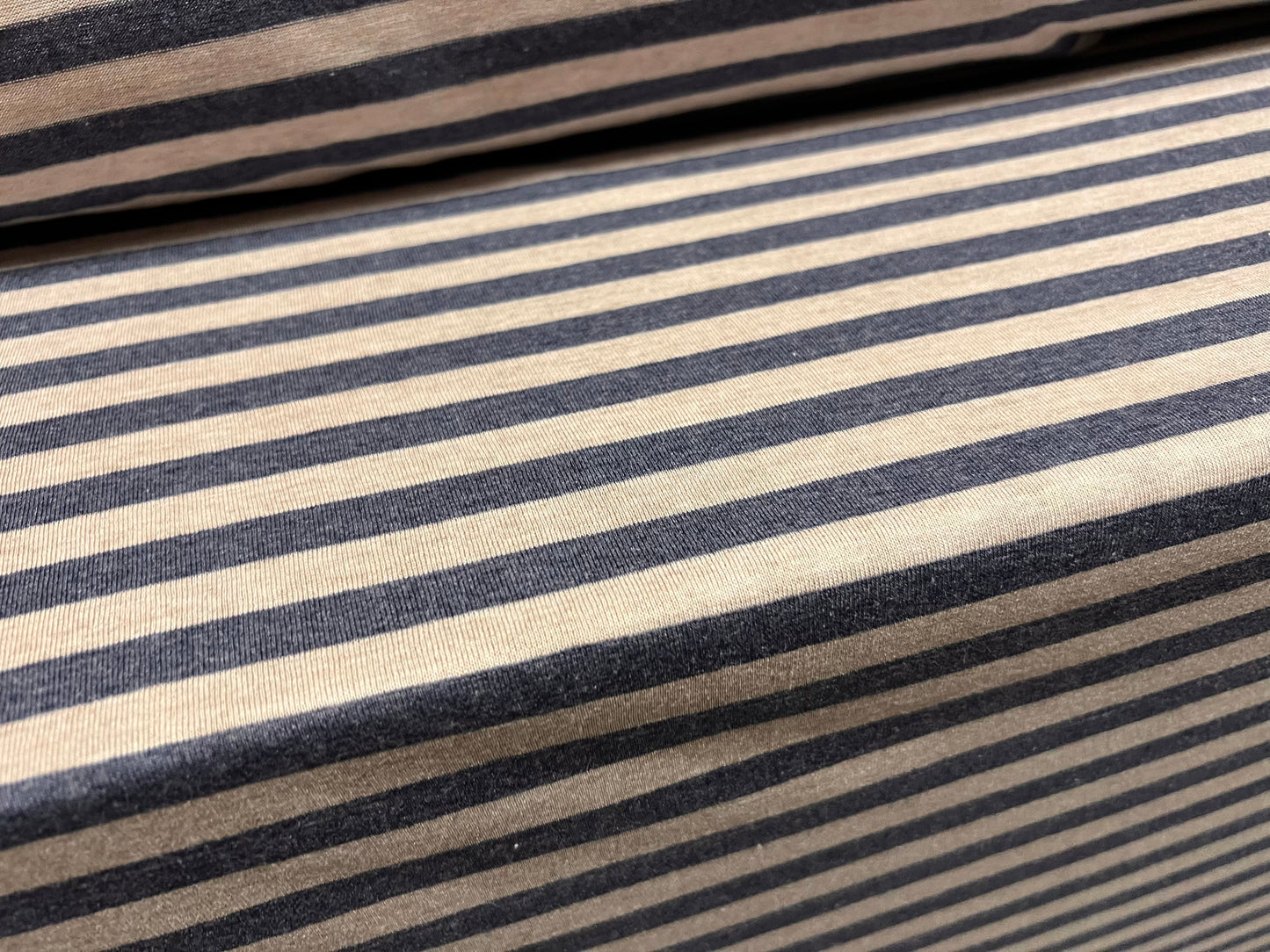 Viscose spandex stretch single jersey fabric, per metre - stripe - ecru & denim blue