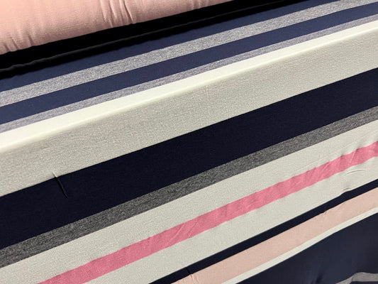 Viscose spandex stretch single jersey fabric, per metre - variated stripe - navy pink & white