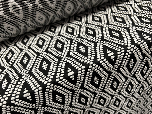 Double Jersey stretch fabric, per metre - diamond jacquard - black & white