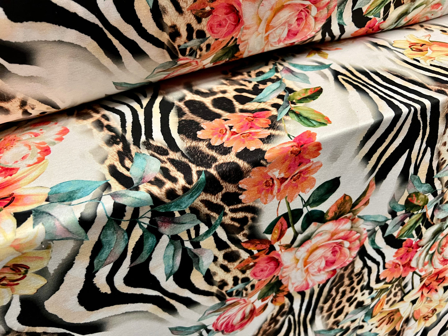 Stretch spandex jersey fabric, per metre - lily flower & animal fusion print