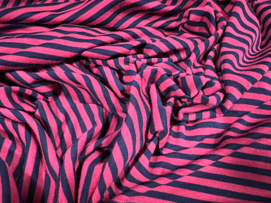 Viscose blend single jersey fashion fabric, per metre - stripe - magenta & navy blue