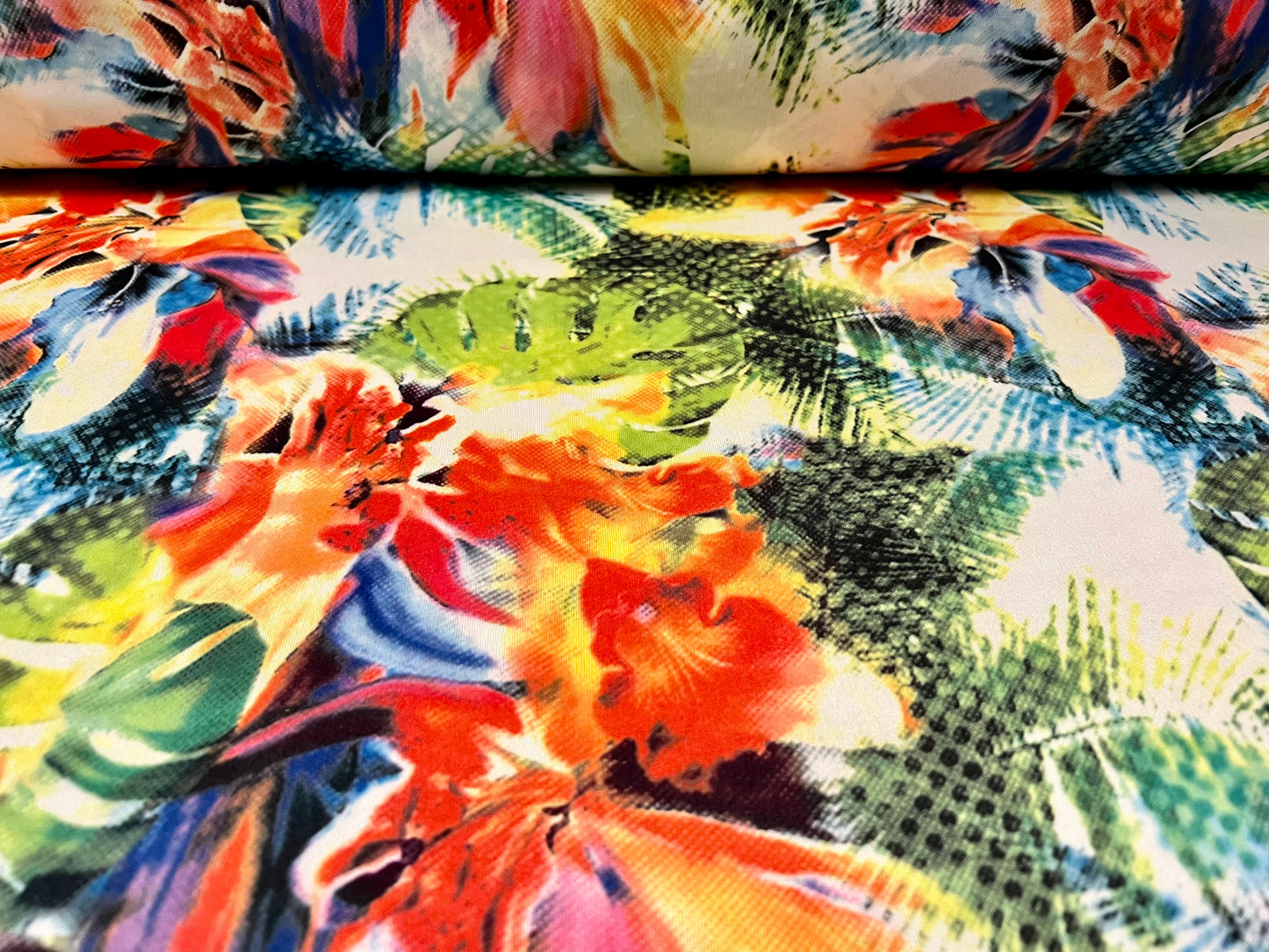 Single jersey fashion fabric, per metre - jungle flower print - multicolour