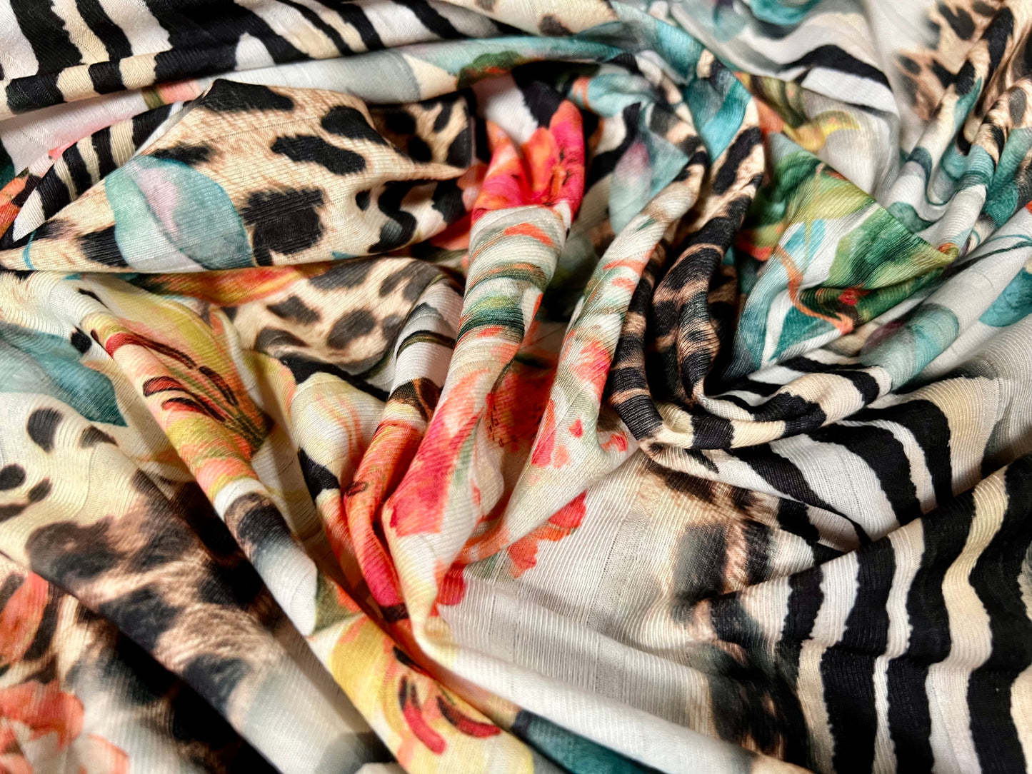 Soft ribbed stretch spandex jersey fabric, per metre - flowers & animal print fusion