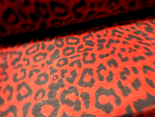 Power mesh net sheer stretch spandex fabric, per metre - cheetah animal print - red & black