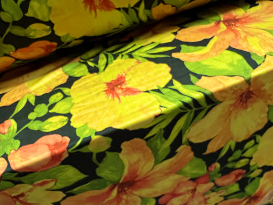 Swimwear stretch spandex jersey fabric, per metre - orchid flower print - black lime & orange