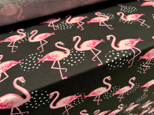 Soft handle single jersey fabric, per metre - flamingo print - black & pink