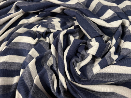 Ponte Roma double jersey knit stretch fabric, per metre - stripe - navy white & grey