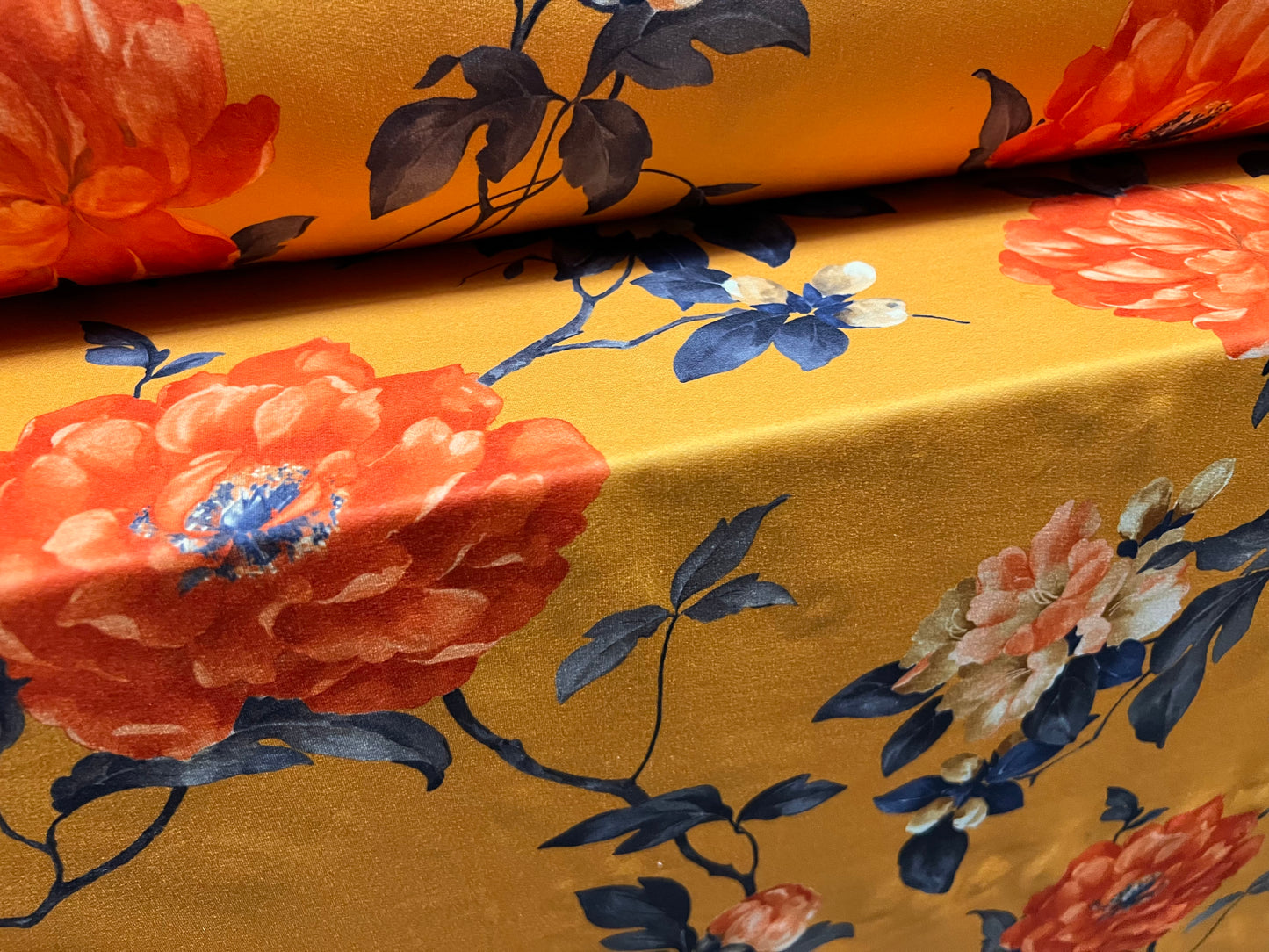 Double jersey stretch crepe dress fabric, per metre - rambling rose print - saffron