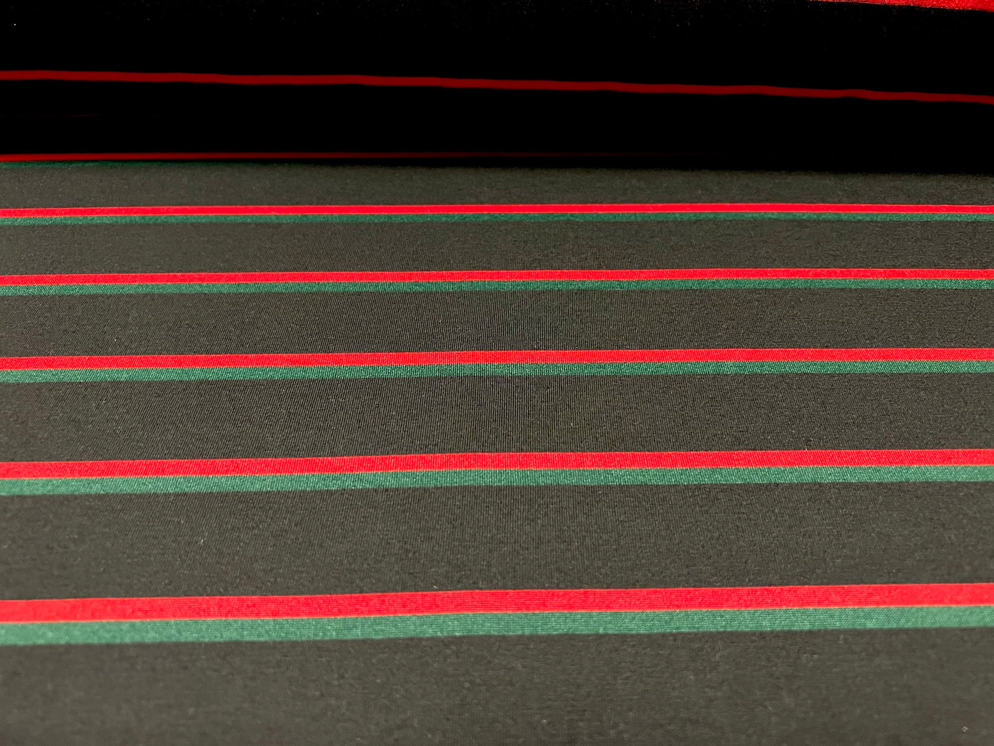 Stretch spandex interlock jersey fabric, per metre - designer stripe - black green & red