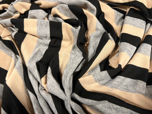 Viscose spandex stretch single jersey fabric, per metre - stripe - stone, grey marl & black