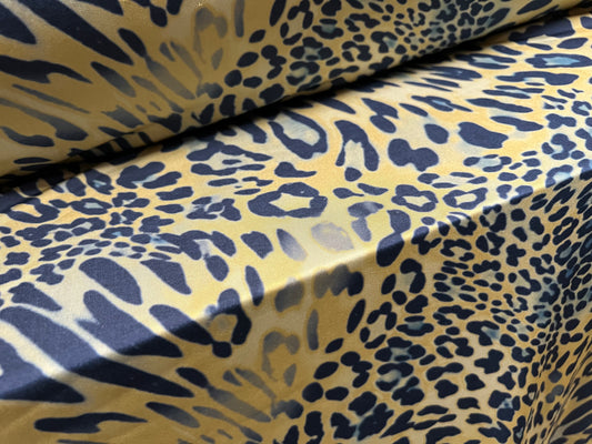 Swimwear stretch spandex jersey fabric, per metre - stylised leopard print - mustard & indigo