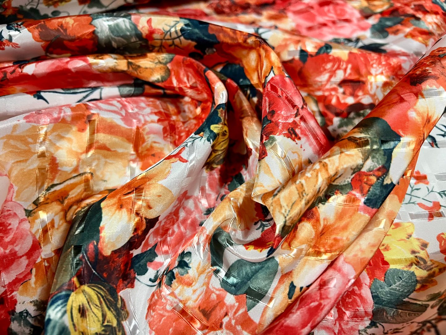 Satin jacquard woven dress fabric, per metre - rose flowers print - pink & orange