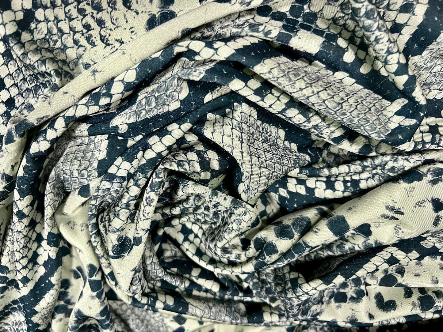 Swimwear stretch spandex jersey fabric, per metre - snakeskin animal print - sage green & black