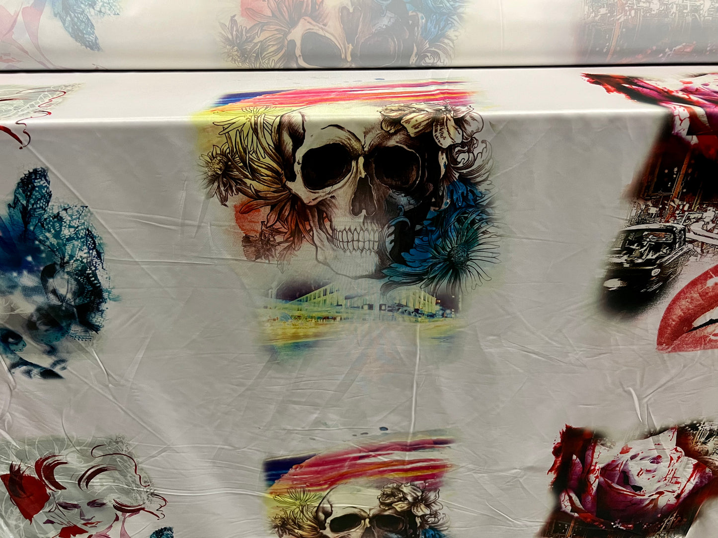 Sateen single jersey fabric, per metre - faces skulls & roses art print