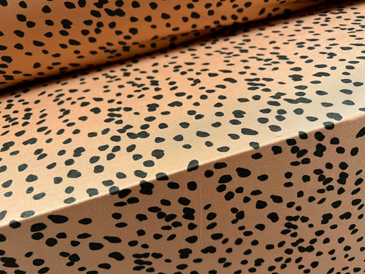 Soft touch stretch spandex single jersey fabric, per metre - Dalmatian animal print - light brown