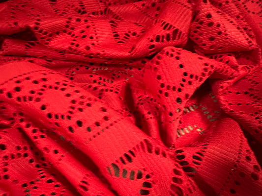 Crochet lace jersey knit fabric, per metre - geometric stripe - red