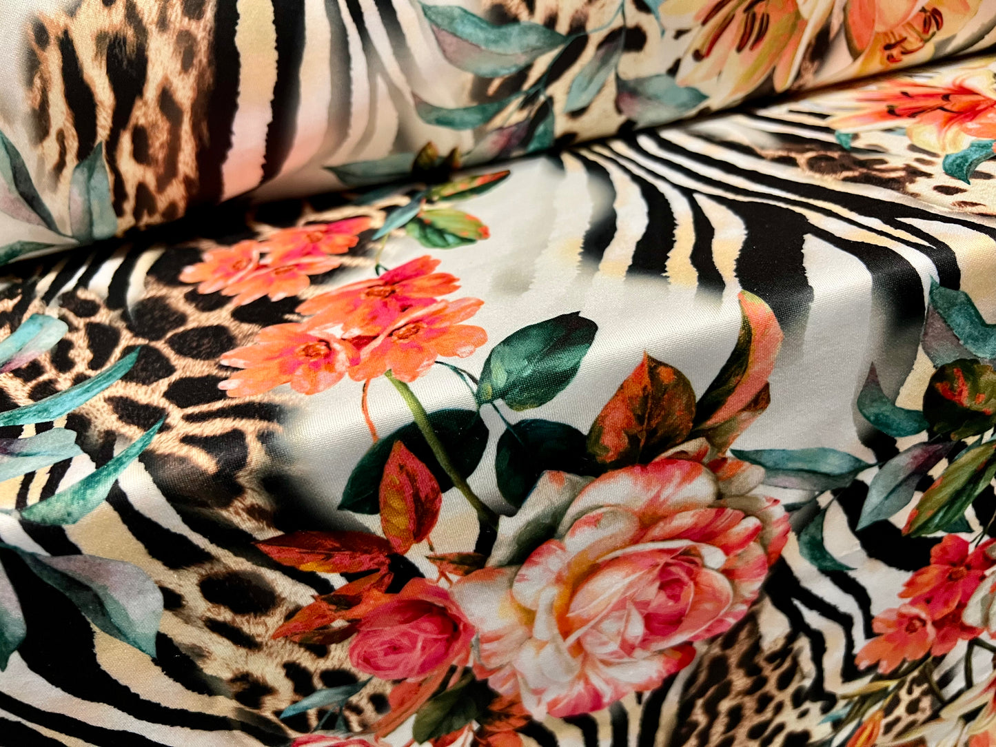 Stretch spandex jersey fabric with crepe back, per metre - lily flower & animal fusion print