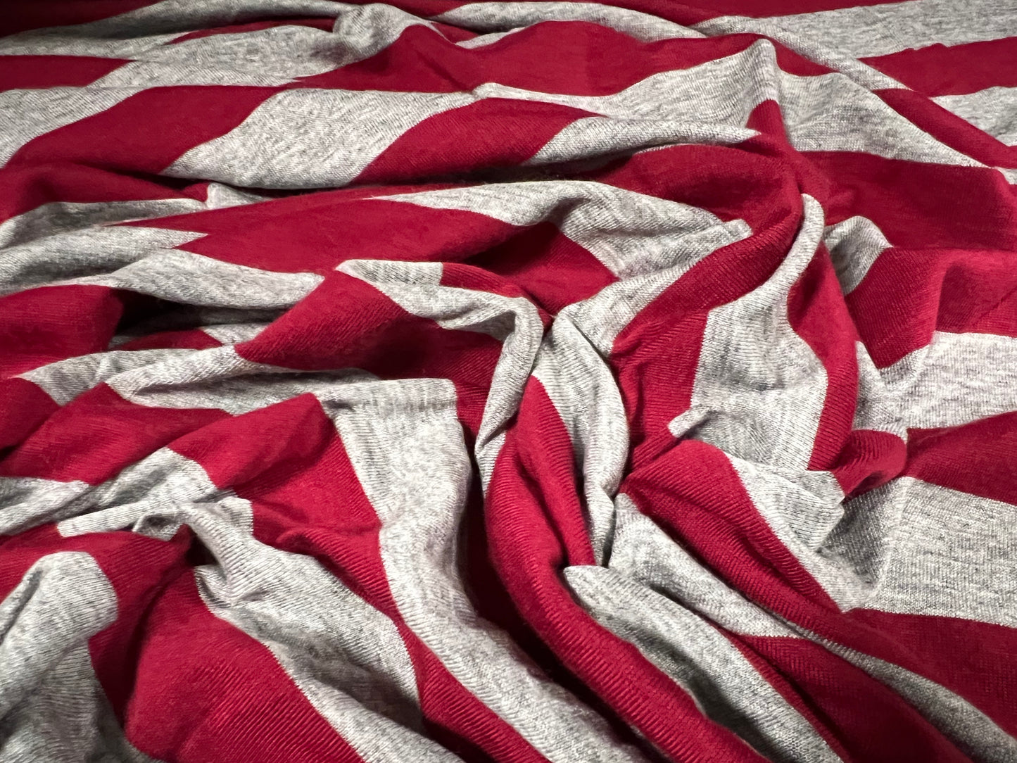 Viscose spandex stretch single jersey fabric, per metre - stripe - autumn red & grey marl