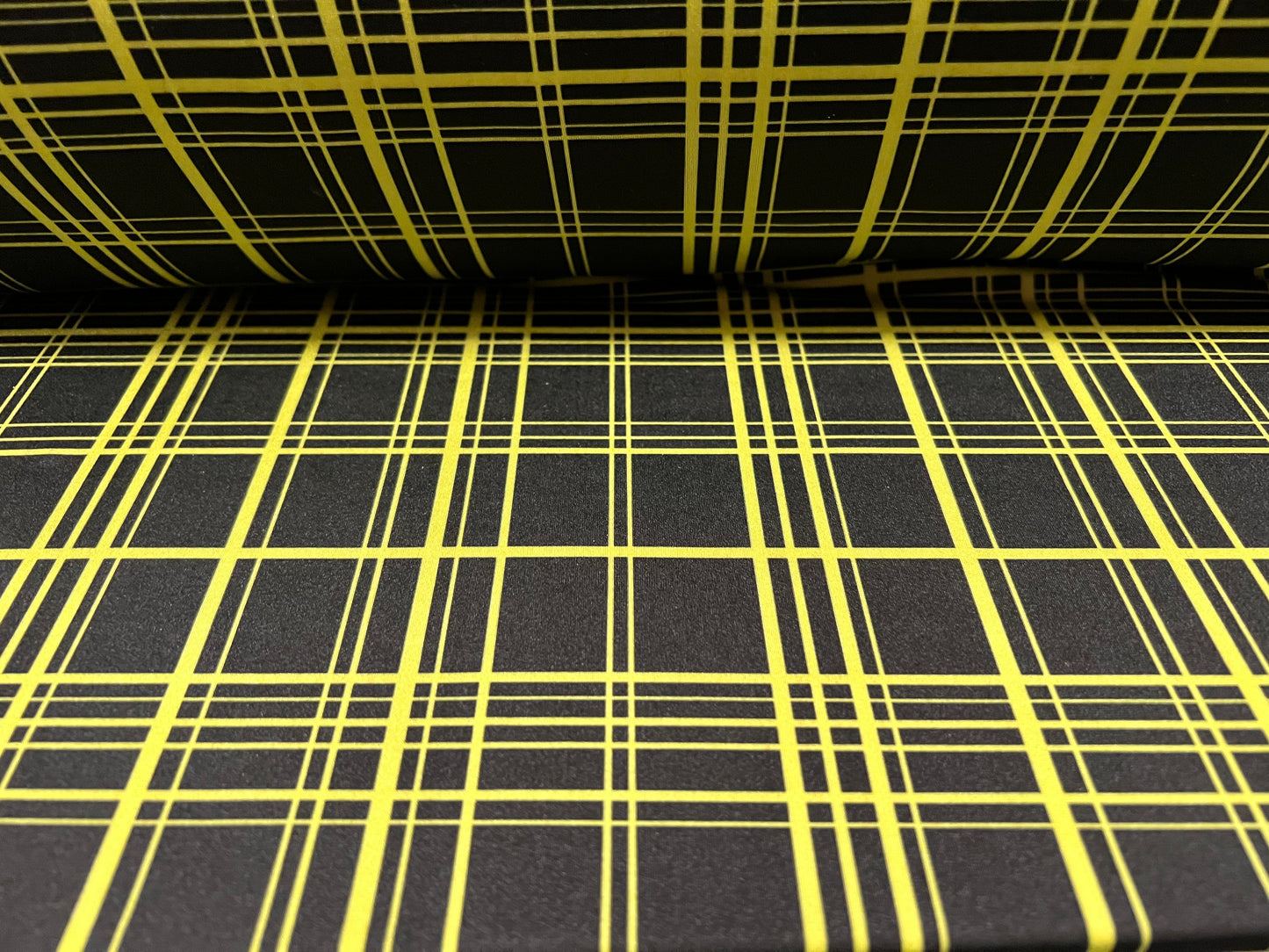 Swimwear stretch spandex jersey fabric, per metre - matrix check print - black & yellow