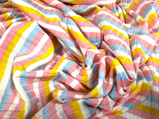 Stretch Spandex rib jersey fabric, per metre - Neapolitan stripe - blue pink white & yellow