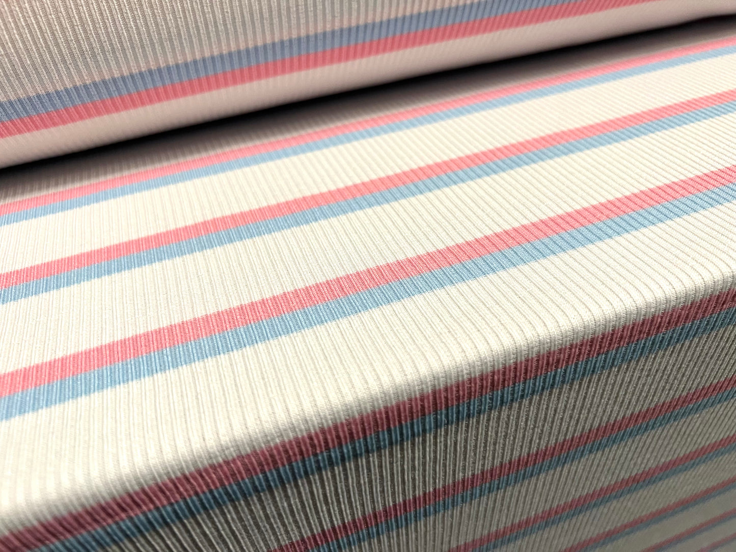 Stretch Spandex rib jersey fabric, per metre - Neapolitan stripe - white pink blue pastel