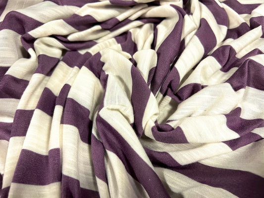 Soft handle slub single jersey fabric, per metre - stripe - grape & white