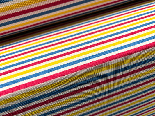 Stretch Spandex rib jersey fabric, per metre - stripe - white yellow fuchsia & blue