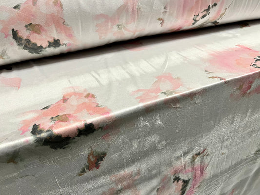 Faux suede stretch spandex jersey fabric, per metre - watercolour flower print - silver grey & pink