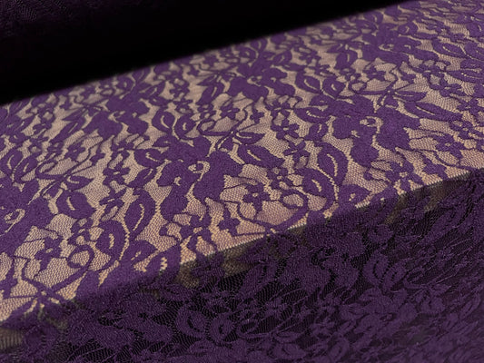 Stretch spandex mesh lace net fabric, per metre - floral design - purple