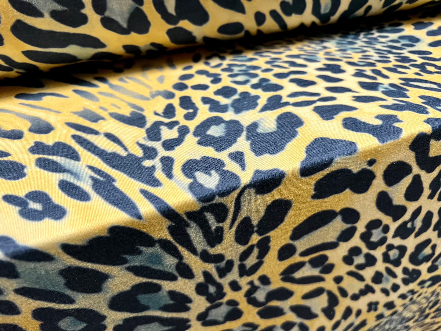 Soft handle stretch single jersey fabric, per metre - distressed leopardskin print - yellow gold & grey