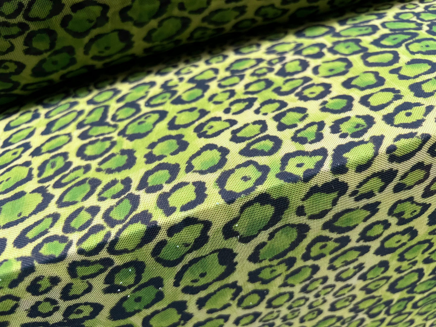 Power mesh net sheer stretch spandex fabric, per metre - cheetah animal print - green