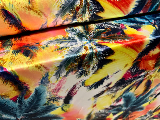 Silky Stretch charmeuse satin dress fabric, per metre - Hawaiian palm trees print - multicolour