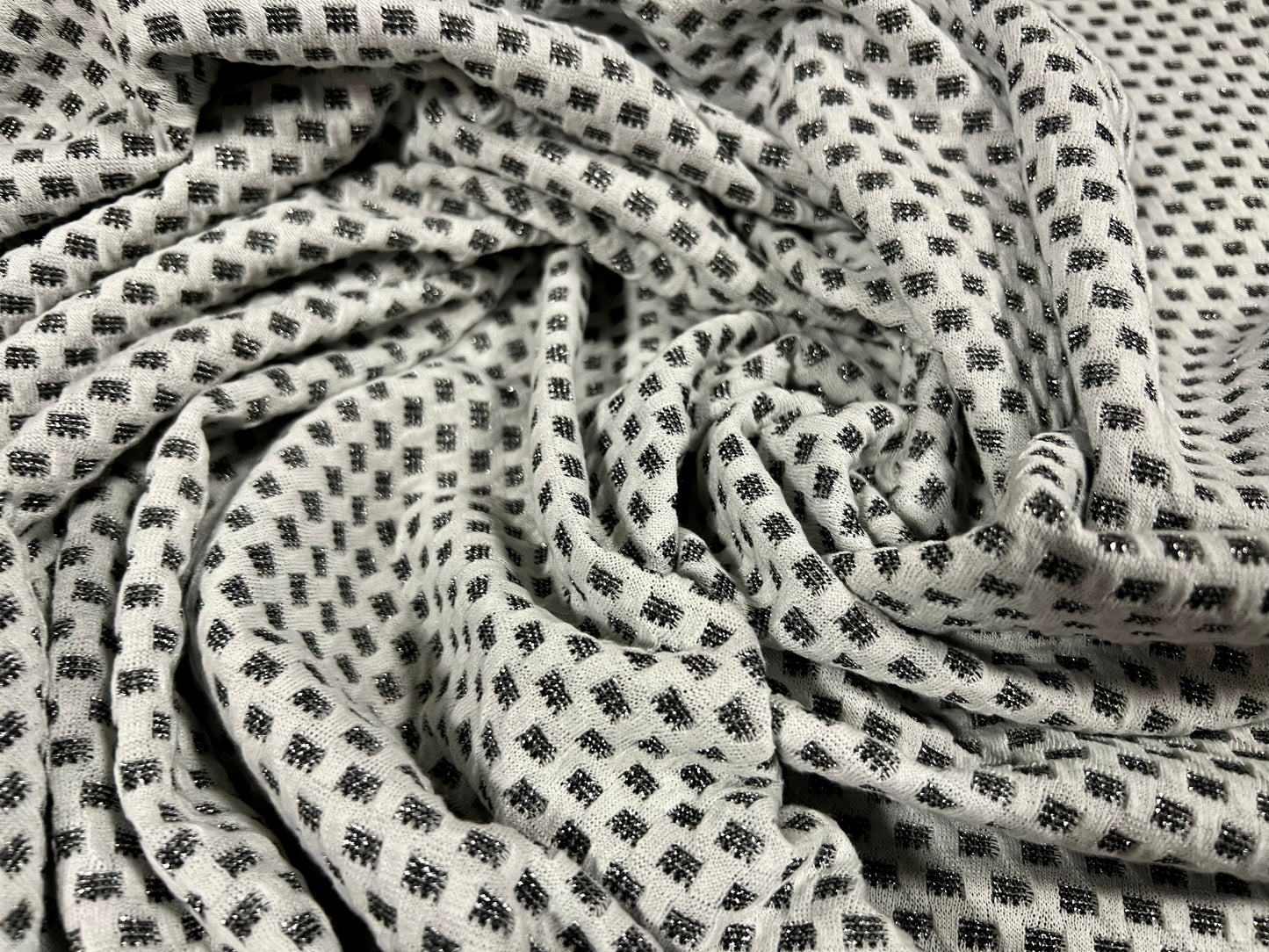 Double Jersey fabric, per metre - squares jacquard - white & silver grey