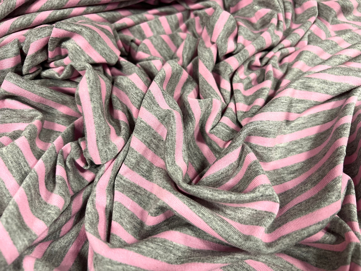 Viscose spandex stretch single jersey fabric, per metre - stripe - grey marl & pink