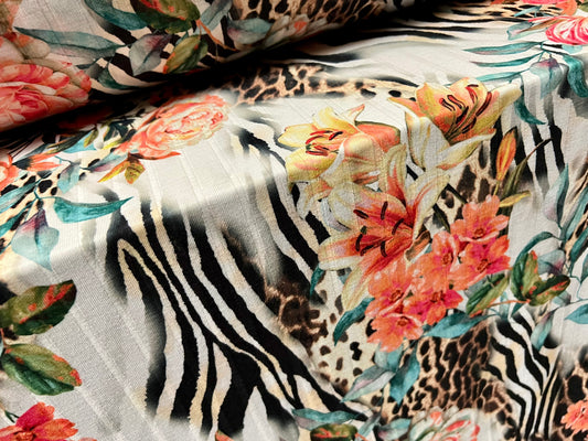 Soft ribbed stretch spandex jersey fabric, per metre - flowers & animal print fusion